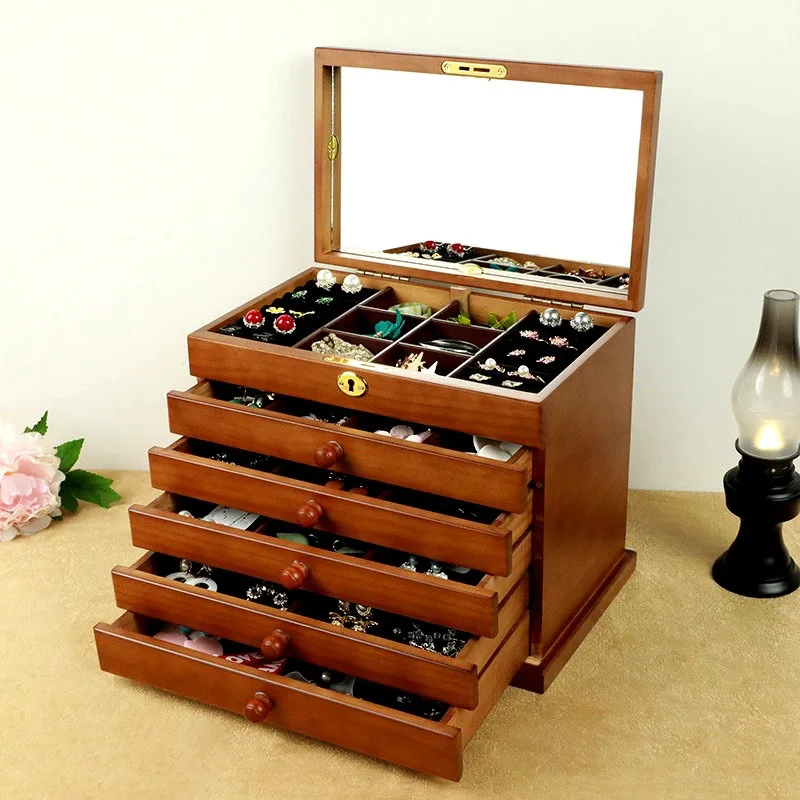 

Wooden Jewelry Box with Lock Large Exquisite Luxury Jewelry Box Organizer Six Layers Display Rack Woman Gift Boxes Packaging