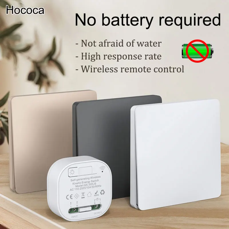 Hococa ไม่ต้องใช้แบตเตอรี่รีโมทคอนโทรลไร้สายสวิตช์ Rf433mhz Self Powered แผงกันน้ํา AC 110 v-250 v สวิทช์ไฟ 1
