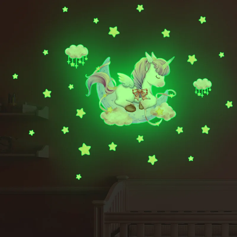 Unicorn Stars Luminous Wall Sticker Baby Kids Room Decoration Decals Bedroom Background Decor Glow In The Dark Wall paper Luminous Wall Stickers