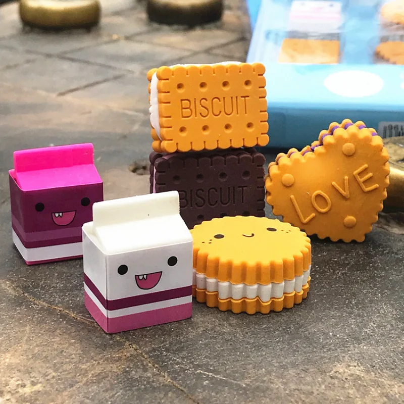 Biscuit Eraser 6pcs/pack Kawaii Cartoon Boxed Milk Cute Stationery School Girl Student Supplies Party Material