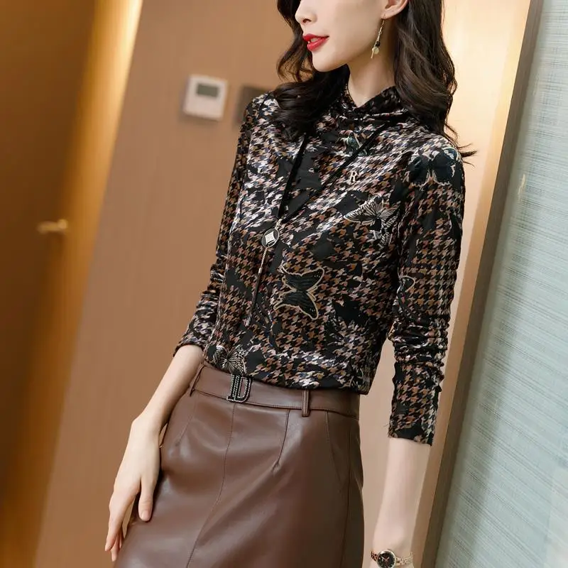 

Vintage Printed Houndstooth Blouse Women's Clothing 2022 Autumn New Oversized Casual Pullovers Loose Office Lady Shirt