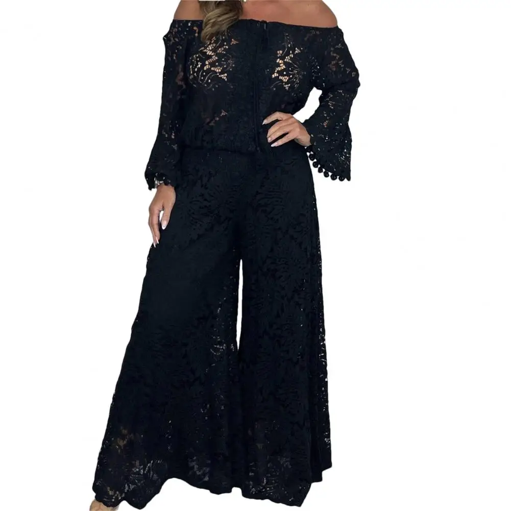 Women On 2 Pieces/set Of Hollow Lace Off-the-shoulder Loose Long-sleeved Top High Waist Wide Leg Blouse Pants Suit