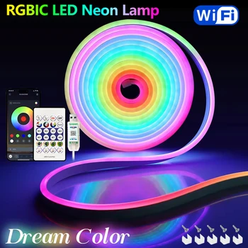 Feux néon USB RGBIC 5V, télécommande 24 touches + application, fonction de synchronisation, synchronisation musicale, adaptés aux fêtes à la chambre à coucher à la maison 1