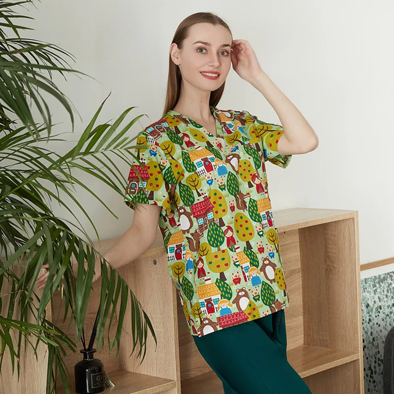 Nurse Scrubs Top Nurse Uniform Suits Nurse Uniform Dress Working Uniform Blouse Stretch Quick-drying Cartoon Print Nurse Uniform for Women V-neck Short-sleeved T-shirt Top Surgical Gown Overalls for Men