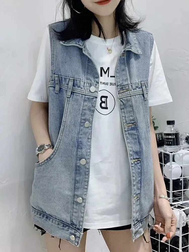 

Vintage Single-breasted Sleeveless Jean Jacket Classic Loose Pocket Denim Vests For Women All-match Washed Streetwear Denim Top