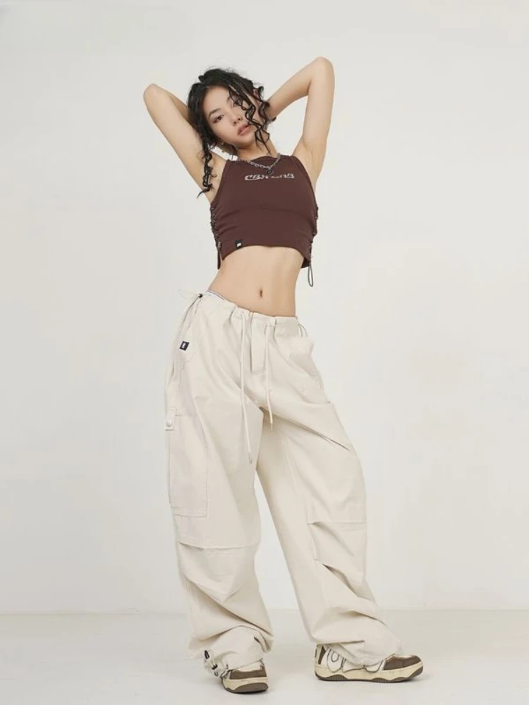 Macacão retrô americano de paraquedistas para meninas, calça de rua alta solta reta, macacão de especiarias doce, dança hip-hop de verão, novo