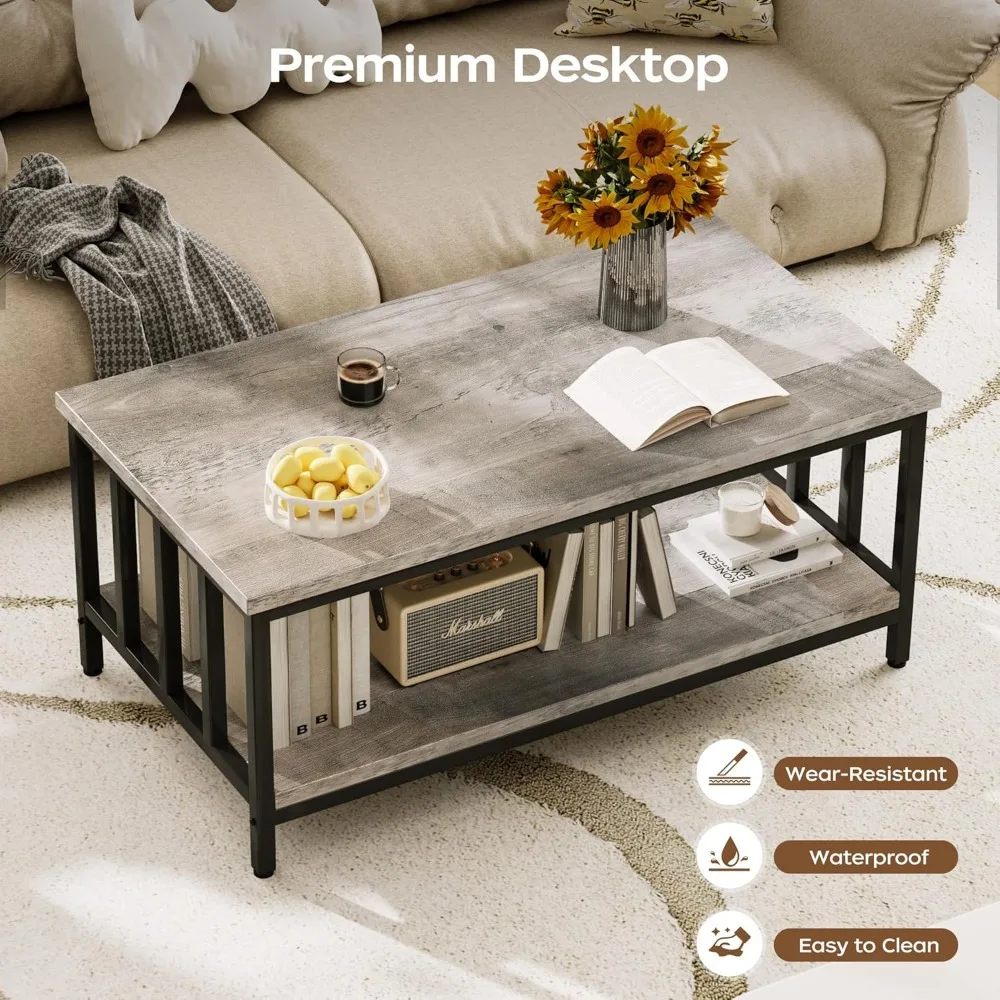 Coffee Table for Living Room with Slatted Sides Frame,Modern Farmhouse Table with 2-Tier Storage Shelf for Home Office 6