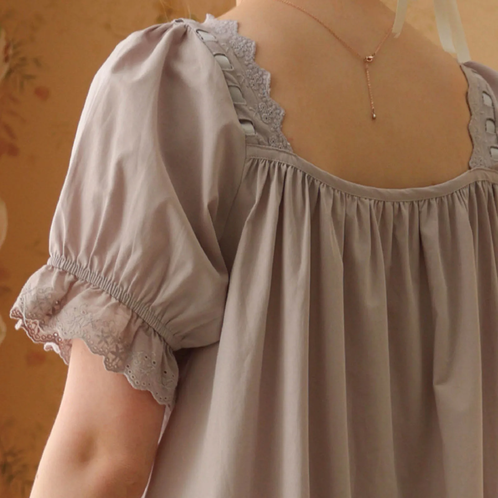 Cotton Vintage Victorian Nightgown Womens Short Sleeve Loose Night Dress Sleepwear Long Loungewear Lace Trim Princess Nightwear