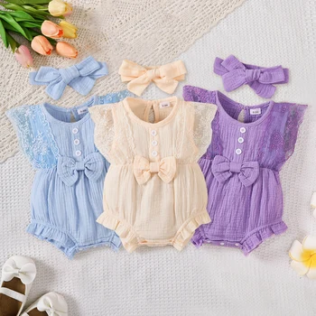 0-18 Months Baby Girl Romper Solid Color Sleeveless Round Neck Lace Edge Bow Romper+Headband Baby Girl Summer New Casual Bodysui 1
