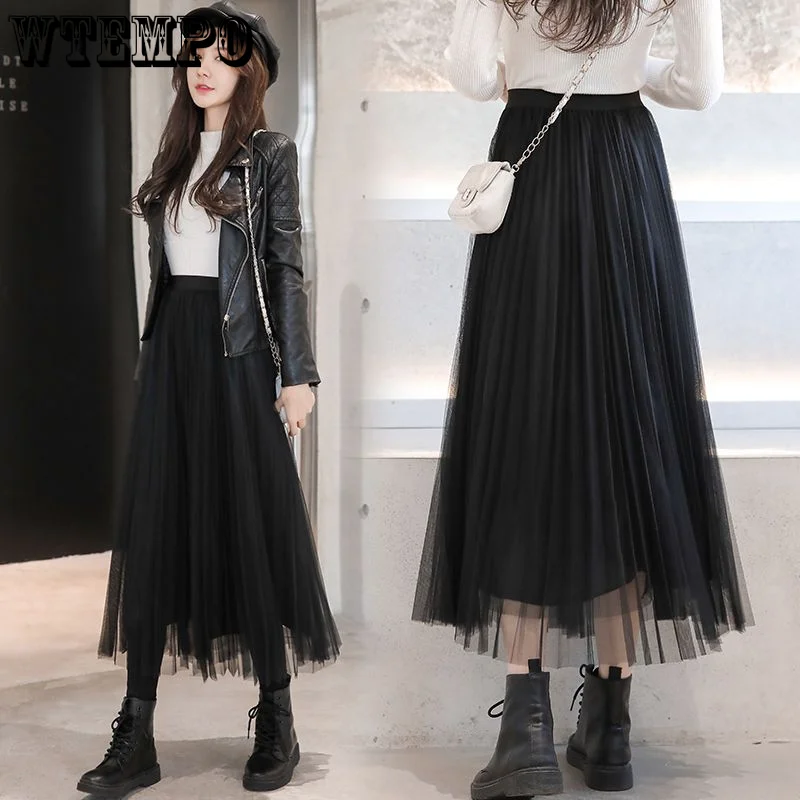 

WTEMPO Gauze Skirt Women Fashion Casual All-match High-waist Slim A-line Skirt Pleated Skirt Y2k Streetwear юбка женская 2023