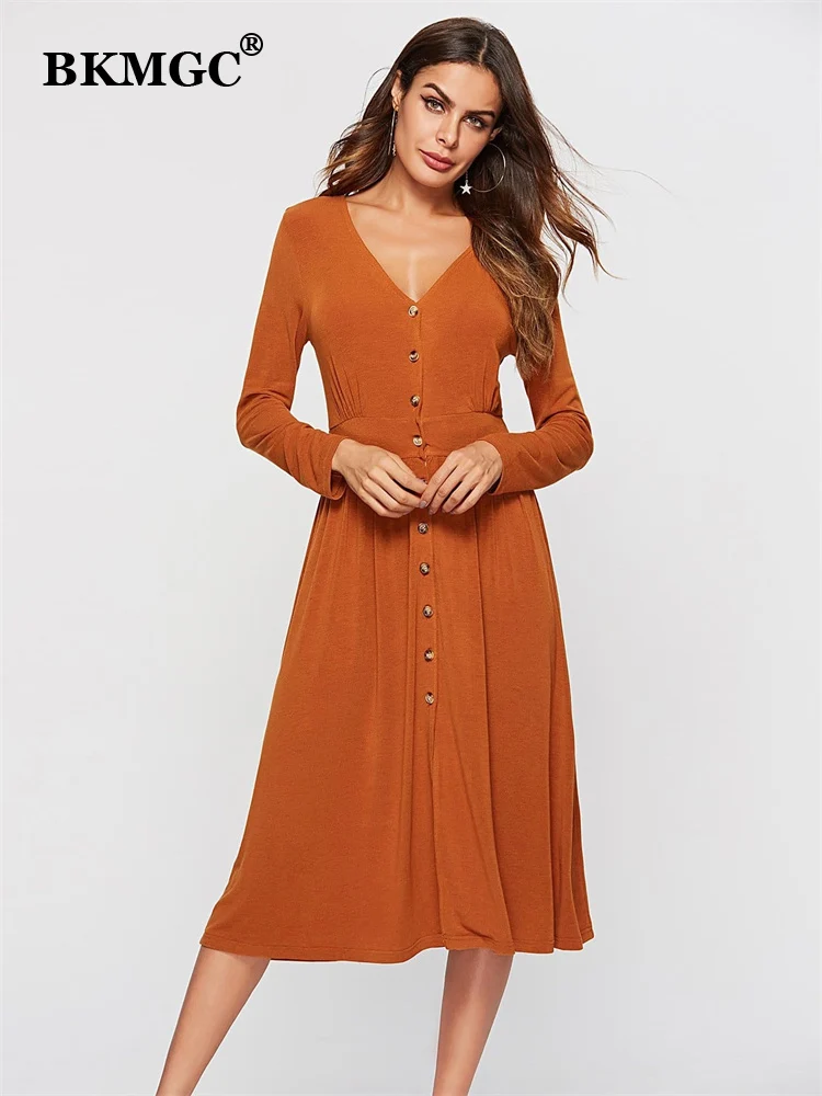 

BKMGC Mid-calf Midi Dress For Women V Neck Single Breasted Long Sleeves Pumpkin Yellow Autumn Office Lady Daily Clothing #9109
