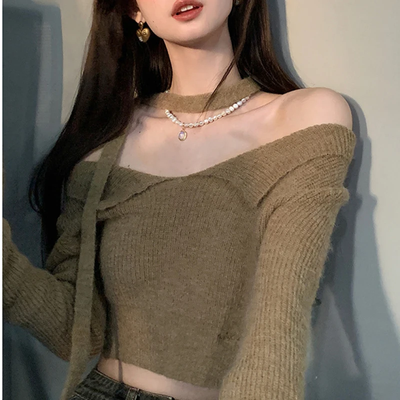 

2023 Spring Knitted Sweater Woman Elegant Y2k Crop Tops Casual Pure Color Long Sleeve Pullover Korean Fashion Clothing Slim Chic