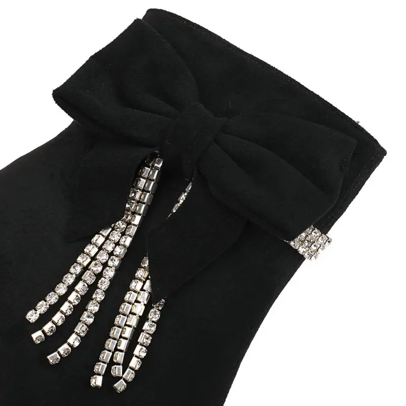 Black Ankle Boots Women 2022 Autumn Winter High Heels Shoes Latest Pointed Toe Flock Bow Crystal Decorate Stiletto Booties