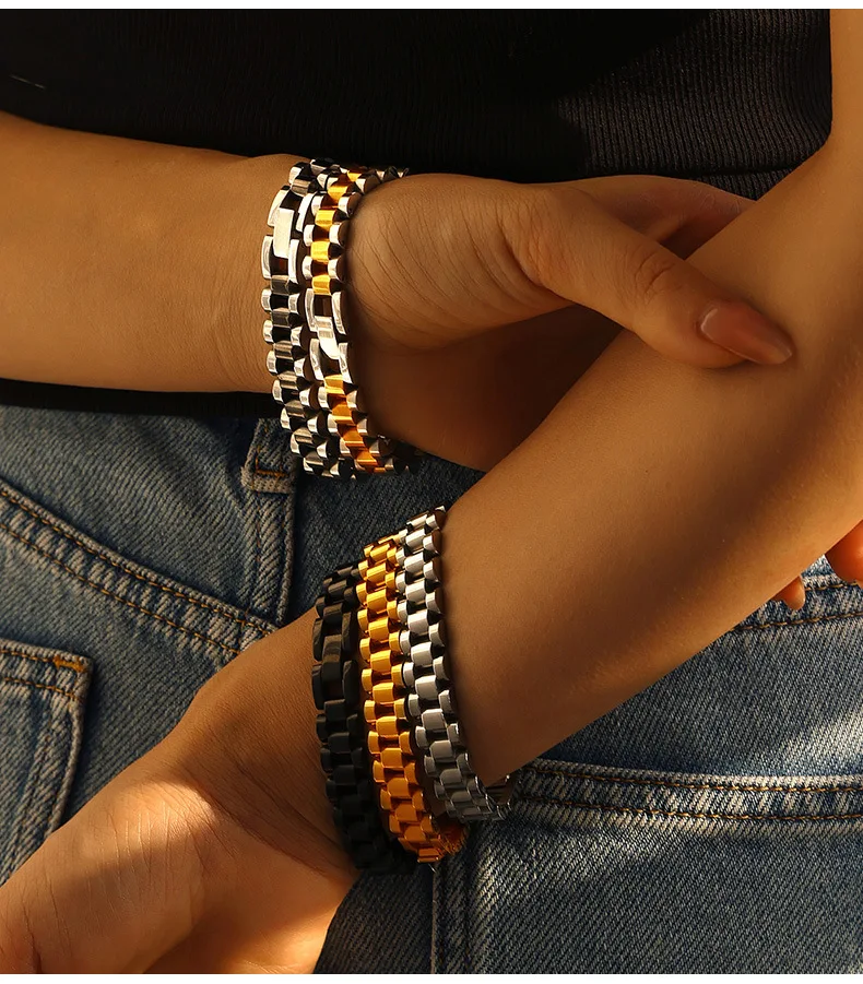 Modernes Edelstahl-Armband in Riemenform, Vergoldet, für Damen, Schwarz und Gold-Silber, Luxus-Armbänder, Paar-Schmuck, Geschenk – Detail 4