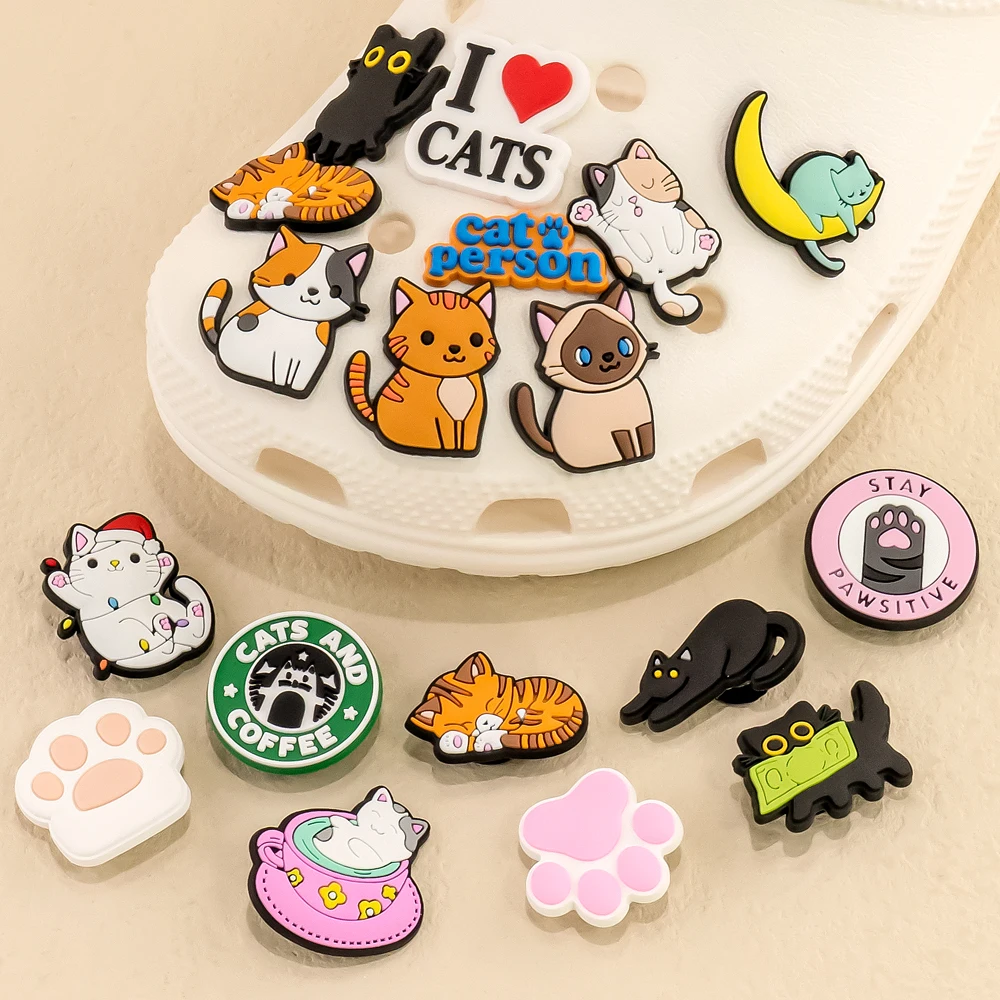 1pcs PVC Cats Shoe Charms Cute Animal Shoe Decorations Pins for Women Girls Kids Sandal Clog Buckles Black Cat Accessories Gifts shoe charms