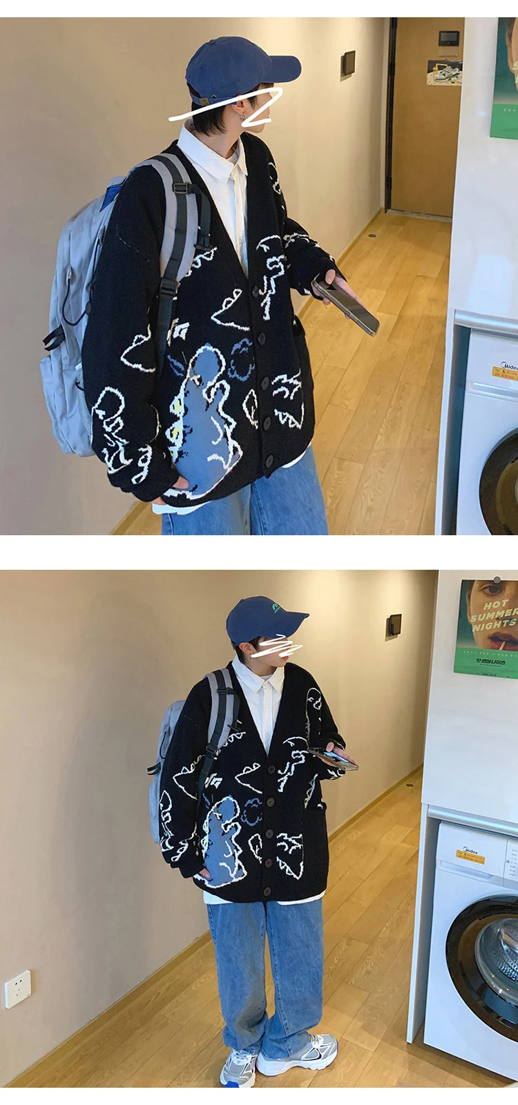 Autumn Oversize Cardigan Men Knitted Dinosaur Sweater Streetwear Loose Male Women Coat 2024 Doodle Hop Pattern Winter