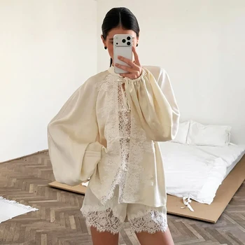 Hiloc Elegant Satin Apricot Lace Shorts Suit Pajamas 2026 Casual Button Up Shirt With Elastic Waist Shorts Loose Soft Sleepwear