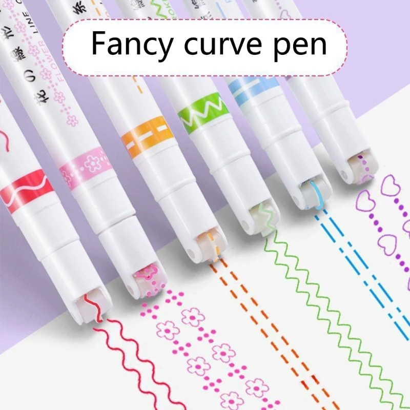 다채로운 색상의 곡선 펜, 6 가지 색상 롤러 펜 팁, 여러 패턴 미세 팁, 컬러 마커 펜, DIY 스크랩북 달력