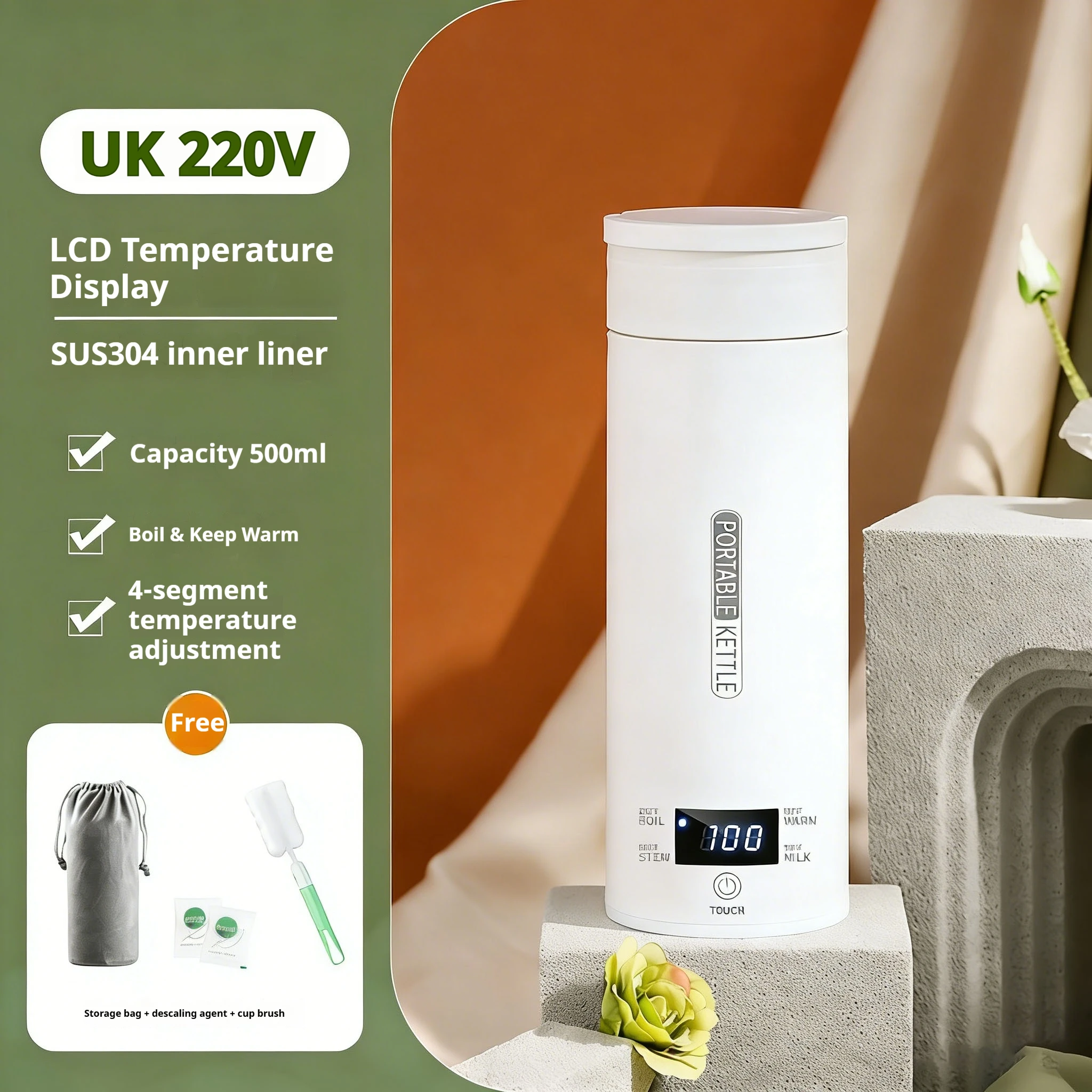 كوب حراري كهربائي محمول سعة 500 مل من الفولاذ المق...