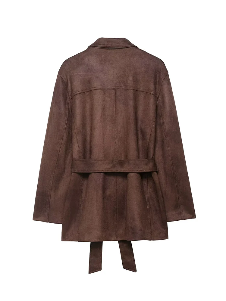 Woman's Suede Jacket With Belt 2025 Autumn Maillard Color Single Breasted Bowknot Belt Mid-length Coat Femme Elegant Warm Coat