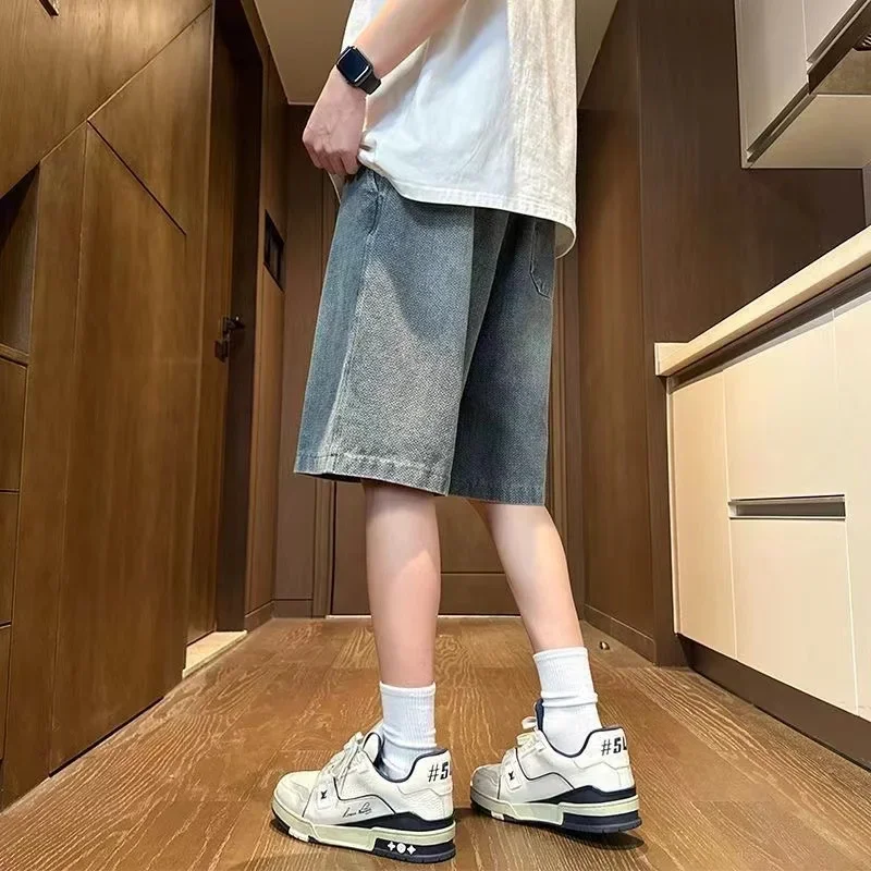 2025 new Fashion Streetwear Men's Denim Shorts Summer Loose Vintage Harajuku Splicing Hip-hop Cargo Moto Short Jeans Black Blue 2