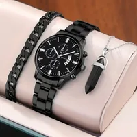 Kegllect 3PCS Men Quartz Watch Business Fashion Mental Wrist  Stainless Steel Strap and Necklace Bangle Set Ideal for Boys 1
