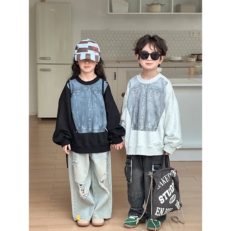 

2024 Spring New Children's Printed Sweater Korean Edition High Street Fashion Fake Two Piece Round Neck Sweater