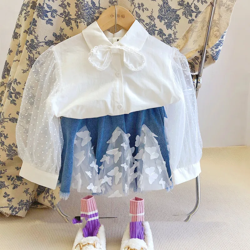 

Children Clothing Autumn New Girls' Two-piece French Shirt and Three-dimensional Butterfly Denim Skirt Outfit Princess Set TZ072