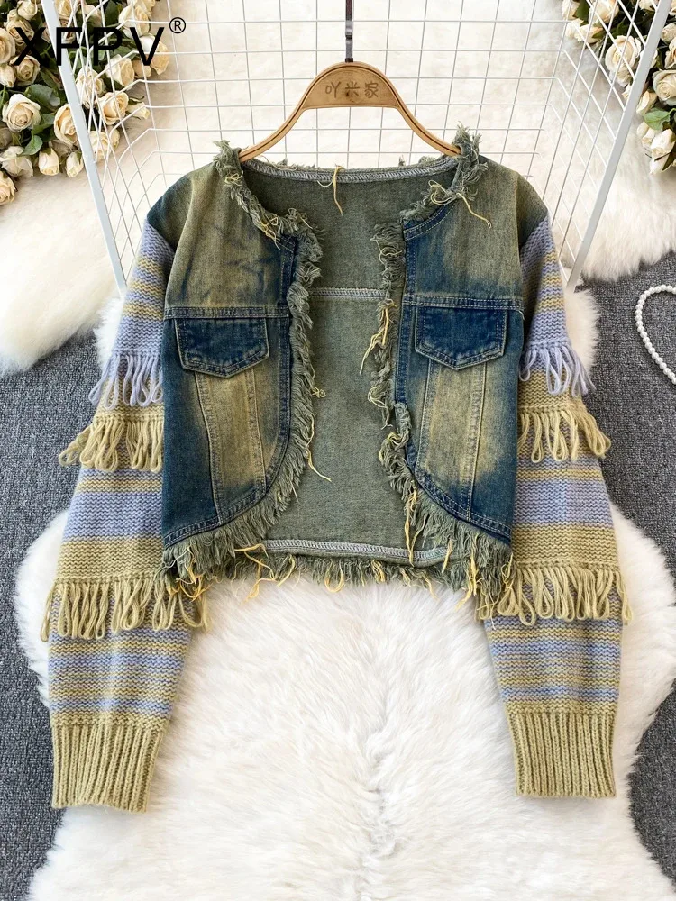 

BabYoung Women's Korean Chic Knitted Spliced Tassel Raw Edge Denim Coat Loose Short Top Fashion Tide Autumn Winter 2023