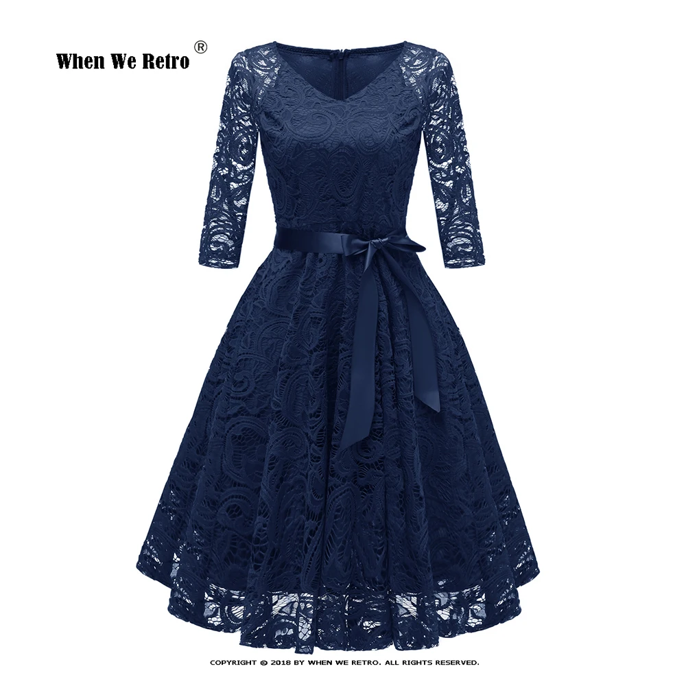 

Blue Elegant Vintage Floral Print Lace Dress New 3/4 Length Sleeve Sexy V Neck Pullover Long Dress Swing Evening Dress RS047