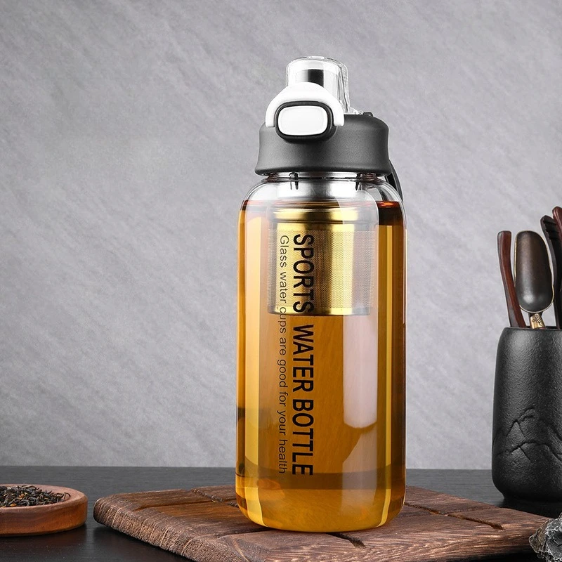 Luxurious 1L Glass Tea Tumbler with Infuser – Eco-Friendly Hydration Bottle with Protective Sleeve & Secure Lock Lid