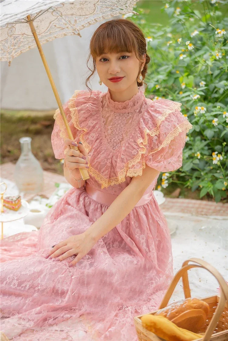 

Summer Vintage Pink Lace Dress Woman Romantic French Style Puff Sleeve Retro Princess Dresses Gorgeous Robe Rose Vestido Festa