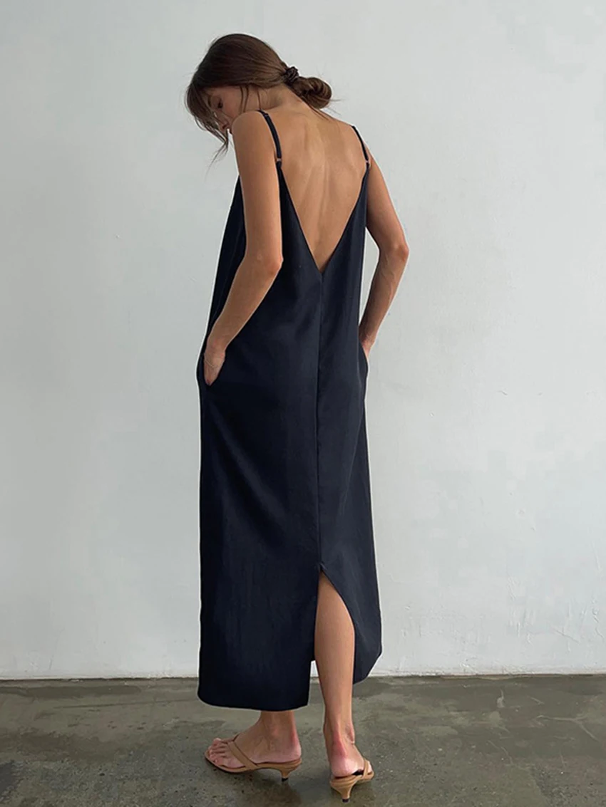 Marthaqiqi Casual Female Nightgowns Sexy Spaghetti Strap Sleepwear Backless Nightwear Ankle-Length Pajama Home Clothes For Women