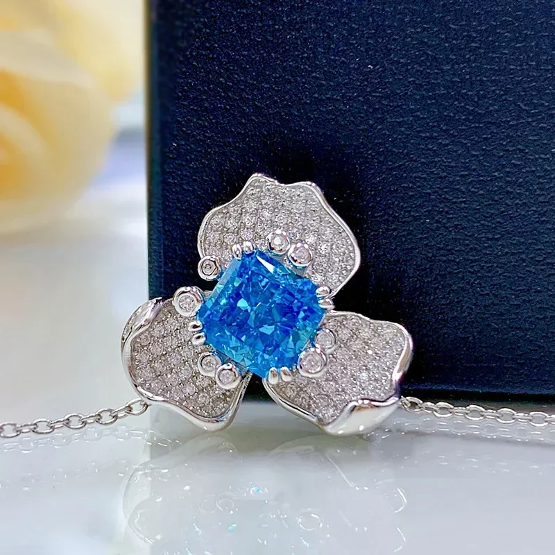 

New S925 Silver Aquamarine 7*7 Radiant Luxury Full Diamond Hao Inlaid Necklace Pendant Ladies Necklace