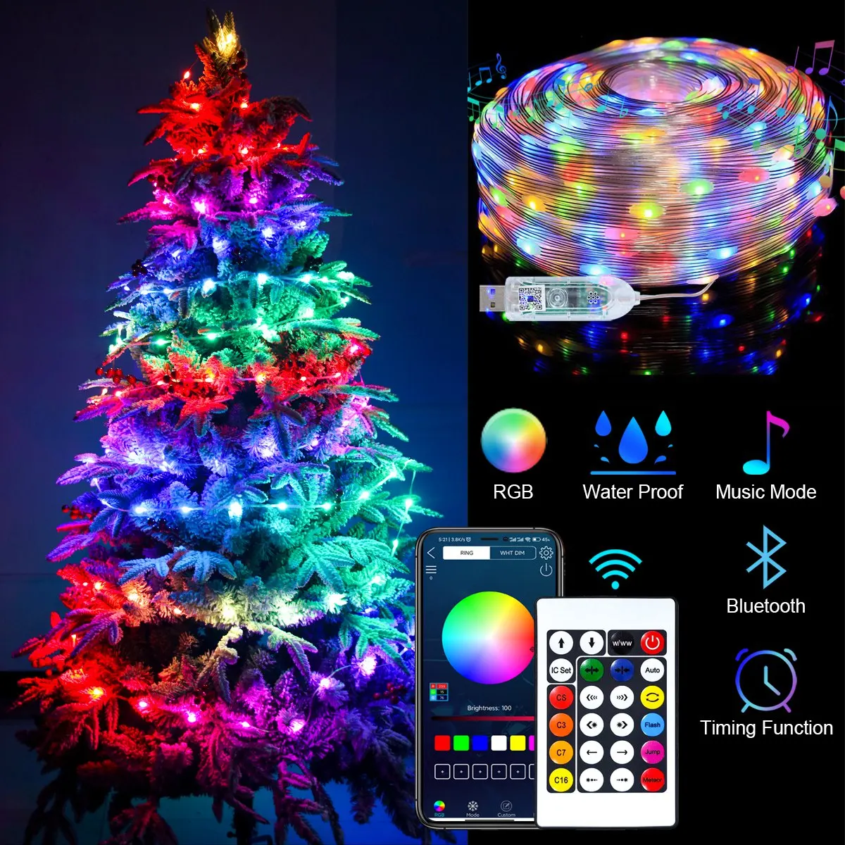 5/10M USB Christmas Tree String Lights with Smart Bluetooth App Remote Control 2023 Christmas Tree Decor For Home New Year 2024