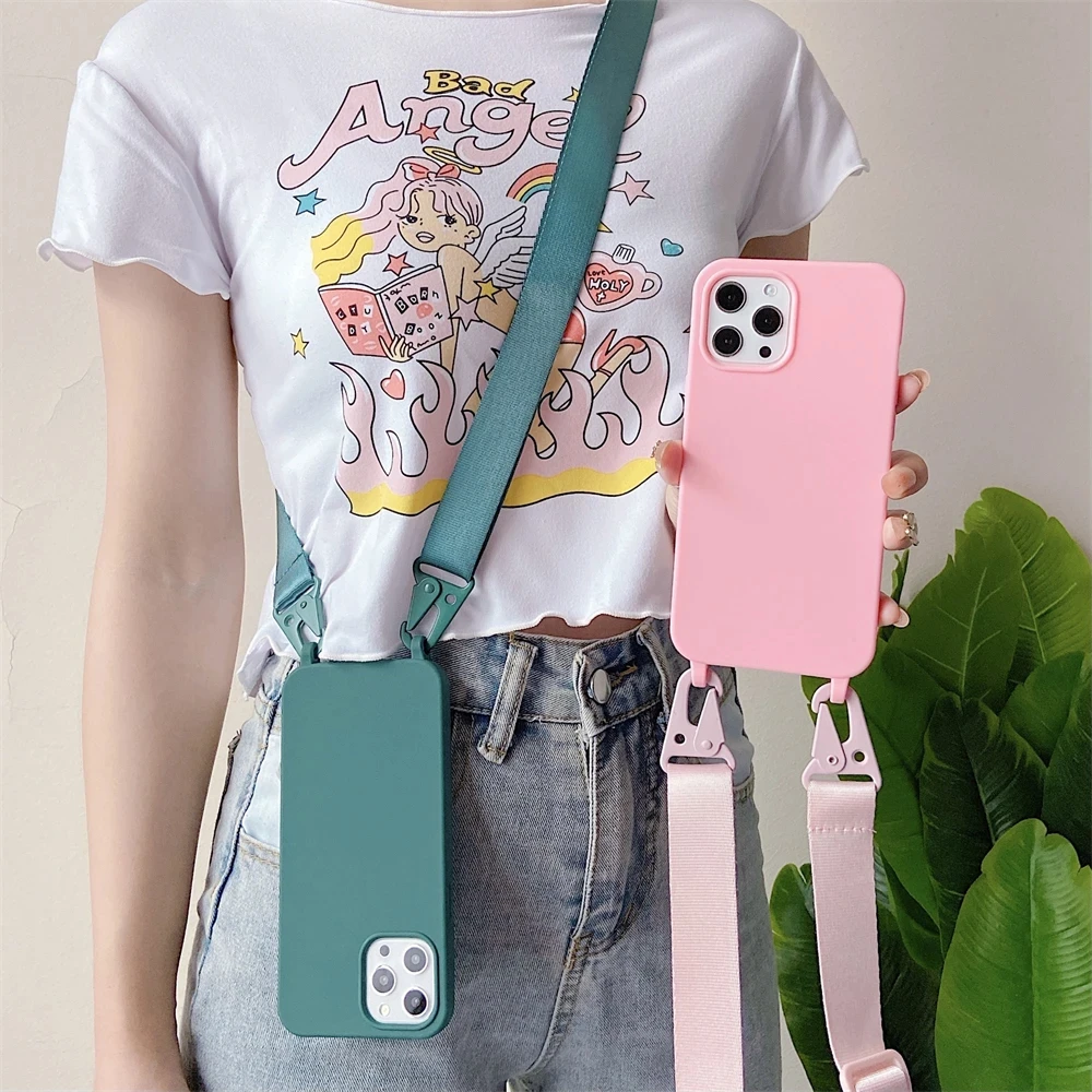 Crossbody Lanyard Cord Soft Silicone Phone Case For iPhone 16 17 15 11 12 14 Pro Max 13 XR X 7 8 Plus Matte Necklace Strap Cover 3