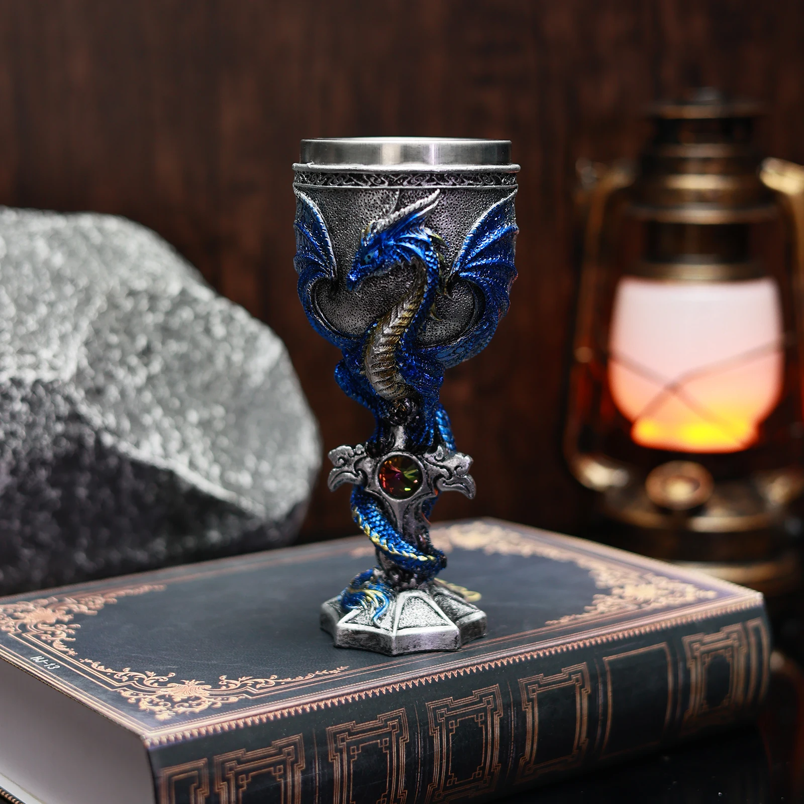Evil Dragon Gem Cross Sword Goblet Stainless Steel Insert Retro Gothic Fantasy Trink Kelch Wine Glass Chalice whiskey glass glass drinkware