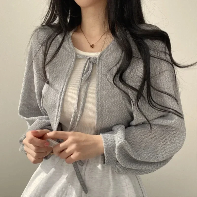 Thin White Cardigan Women Summer Sunscreen Lace-up Knitwear Tops Lady Korean Style Casual Lantern Sleeve Short Sun Protected Top 5
