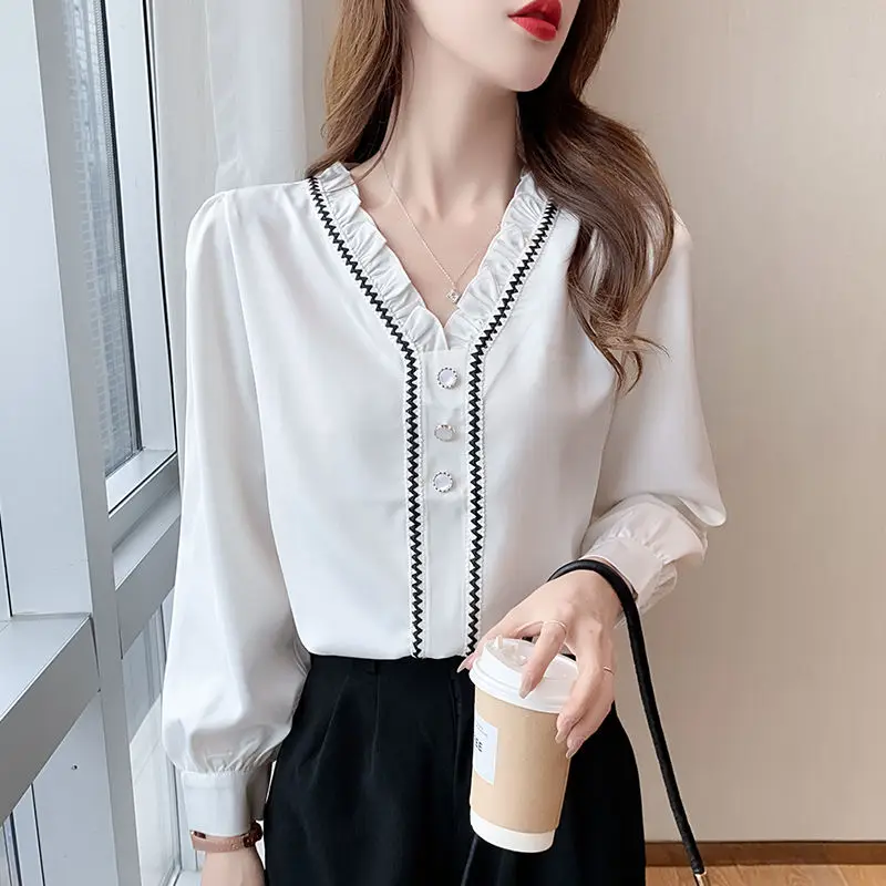 

New Arrive Women Summer Blouse New Loose V-neck Chiffon Shirt Long Sleeves Bottoming Shirts Blusas Mujer