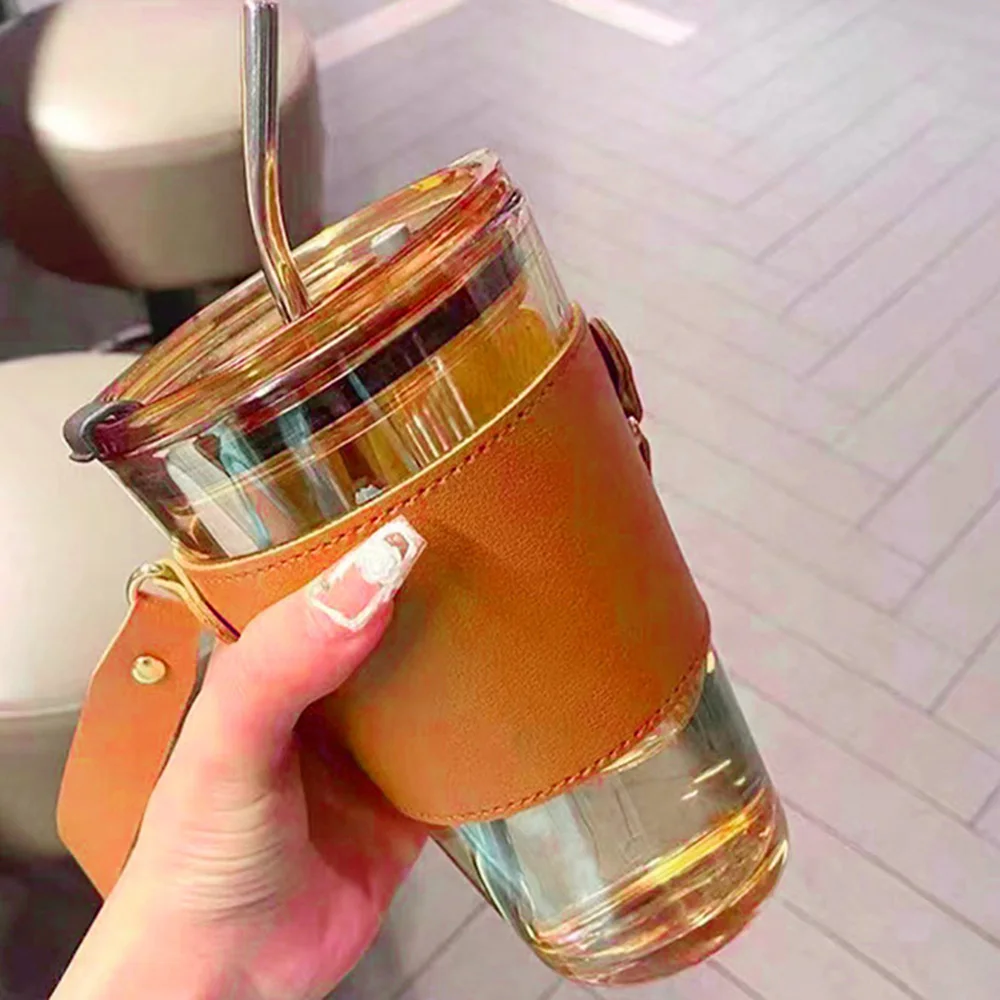 450 ML Glass Cup With Straw Handle High Beauty Drinking Cup Large Capacity  Covered Breakfast Milk Coffee Cup For Home Office - AliExpress