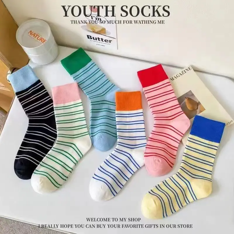 

Носки женские трикотажные до середины икры, хлопковые штабелируемые в полоску, цветной допамин, в Корейском стиле, летние