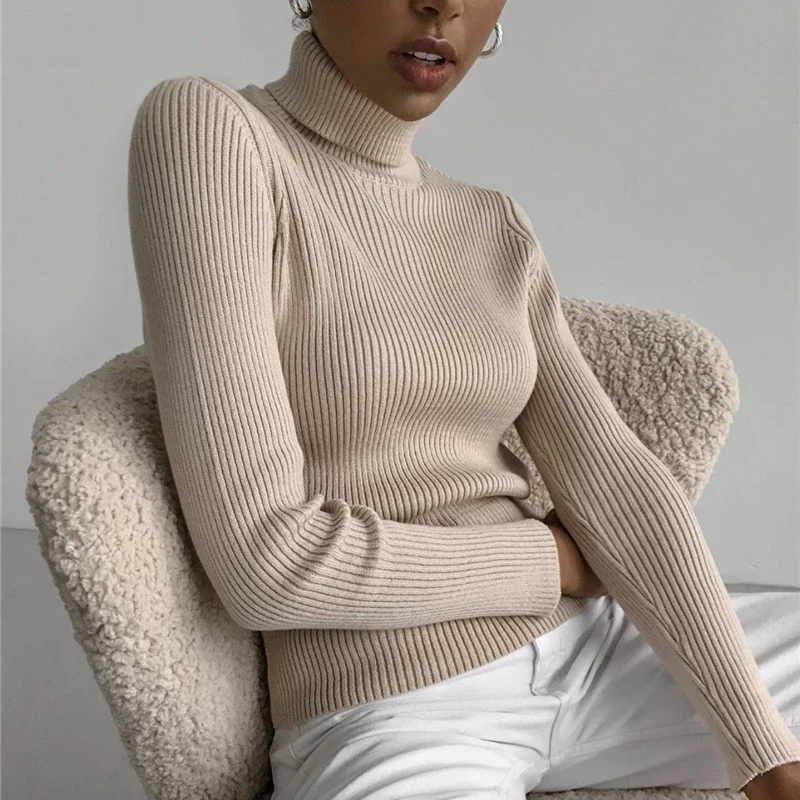 

ZOKI 2023 Basic Turtleneck Women Sweaters Autumn Winter Warm Pullover Slim Tops Ribbed Knitted Sweater Jumper Soft Pull Female