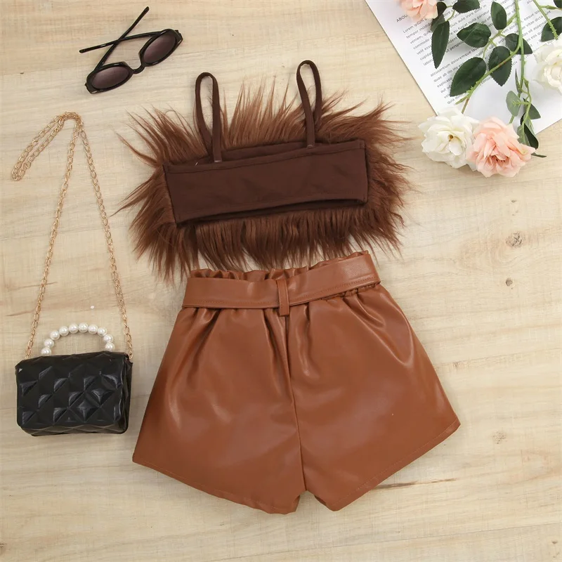 1-6Y Kids Girls Summer Clothes Sets Baby Sleeveless Plush Sling Tank Tops + PU Leather Short Pants with Belt Children Outfits