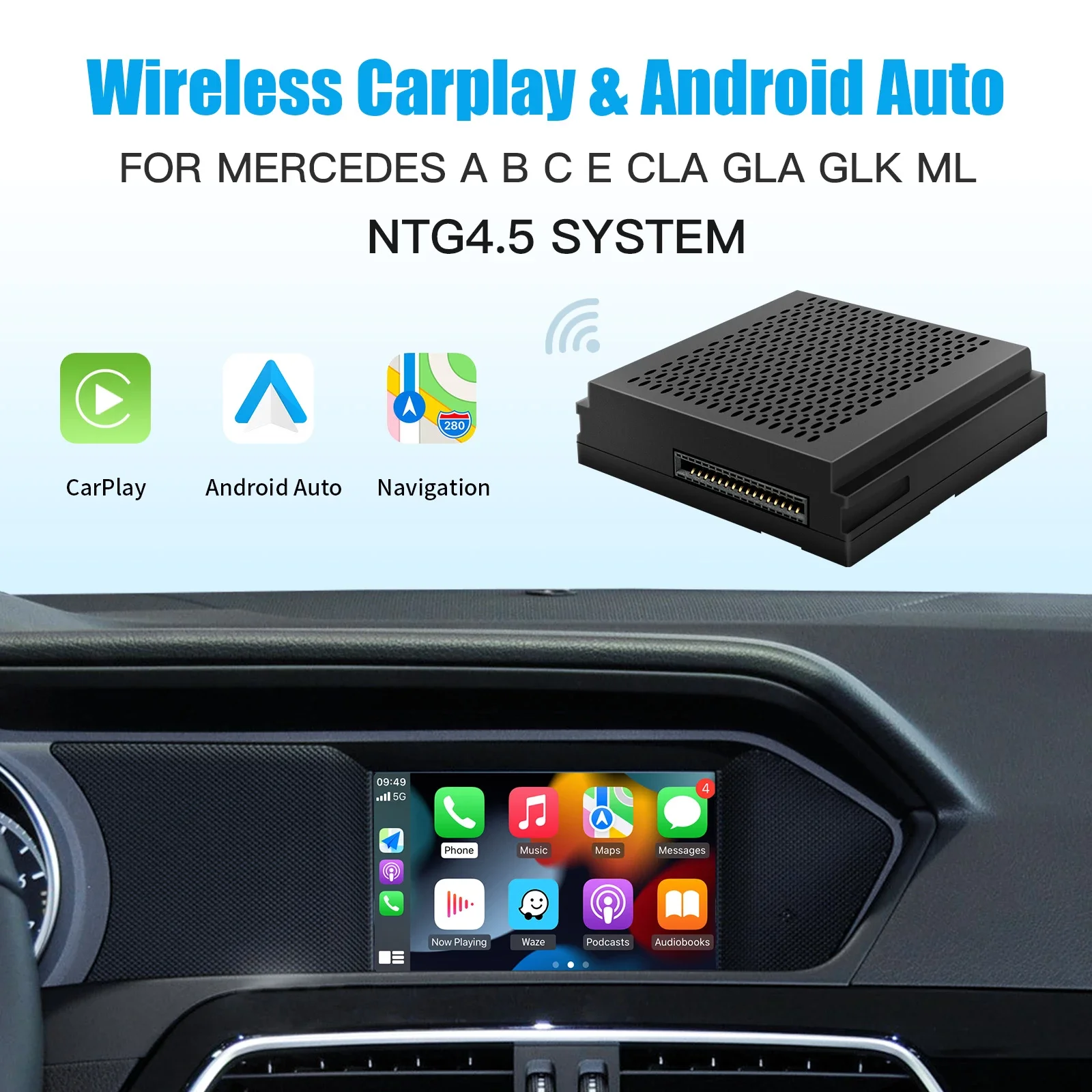 Kit Carplay inalambrico - Android auto con cable Mercedes Benz Clase A / B  / C / E / GLK / GLA / ML / SLK (NTG 4.5 / 4.7) 