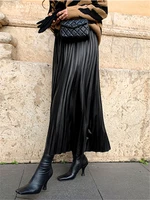 Black PU-leather Pleated Skirt New Women High Waist Fashionable All-match A-Line mi-long Skirt Female - Image 5
