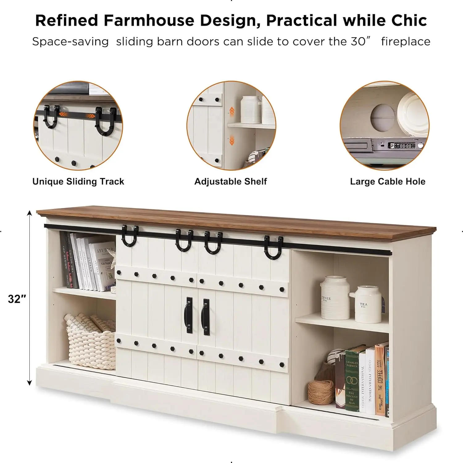 70" Fireplace TV Stand, Farmhouse Highboy Entertainment Center, Rustic Tall Media Console Cabinet for Living Room, Antique White 4