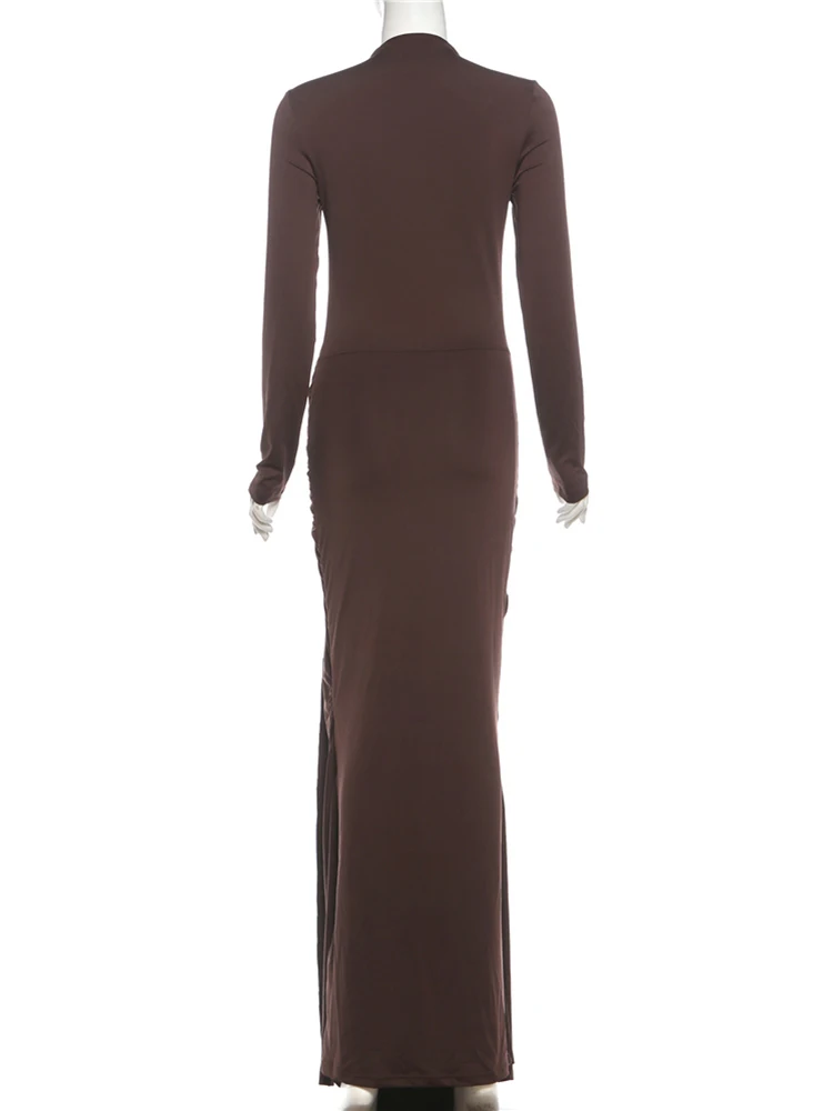 Nibber Metal Trim Maxi Dress Women o-Neck Ruched High Elasticity Autumn Trend Vacation Skinny Elegant Prom Party Chic Vestidos