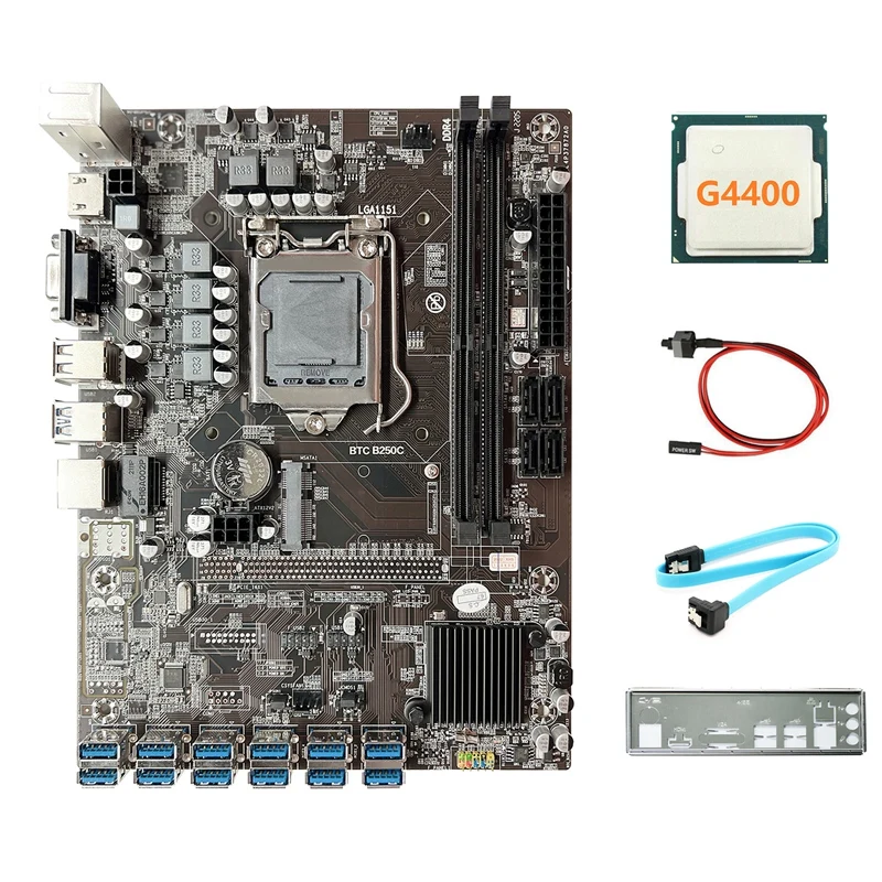 

B250C ETH Miner Motherboard+G4400 CPU+Switch Cable+SATA Cable+Baffle 12 PCIE To USB3.0 DDR4 LGA1151 For BTC Mining