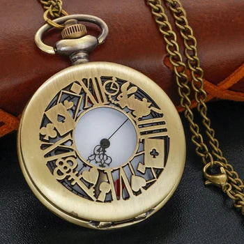 Bronze Fairy Tale Alice Poker Rabbit Hollow Characteristic Quartz Pocket Watch Retro Men's and Women's Necklace Pendant Gift