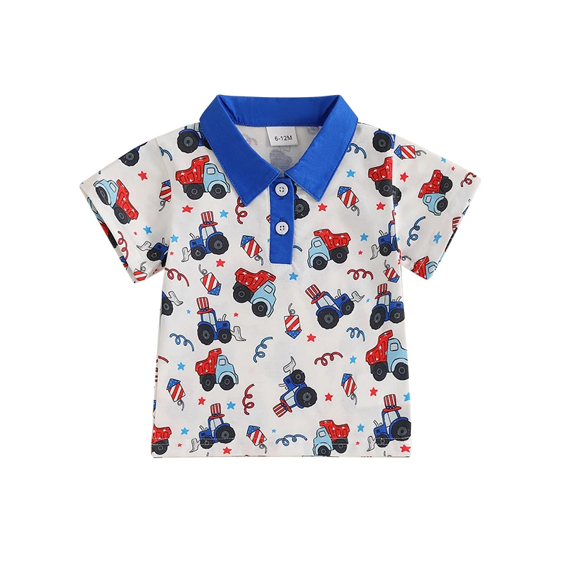 Toddler Boy 4th of July Shirts Truck Star Print Half Button-up Lapel Neck Short Sleeve Tops Casual Summer Clothes